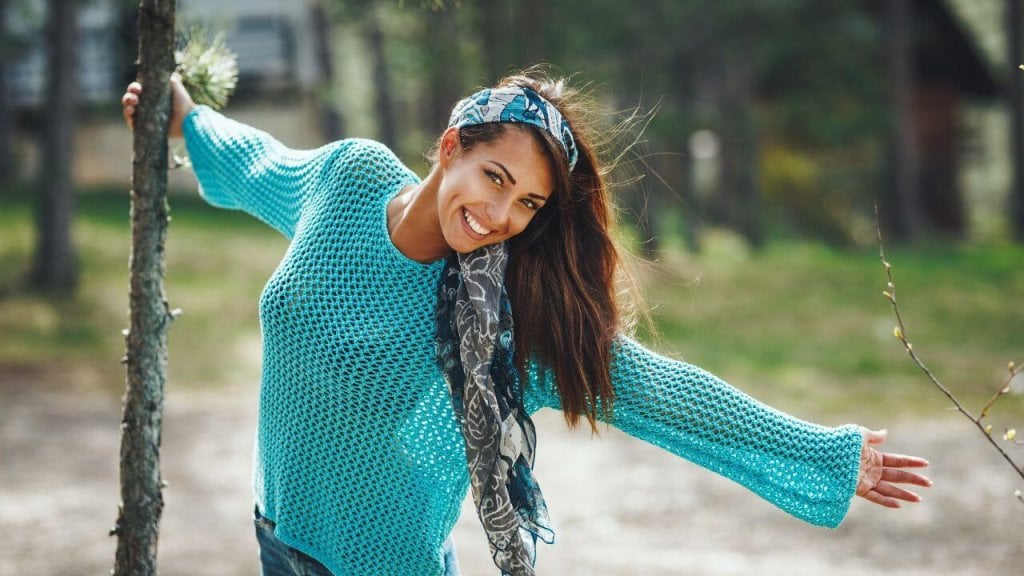 Happy Woman Colourful Hairband Outside Smile