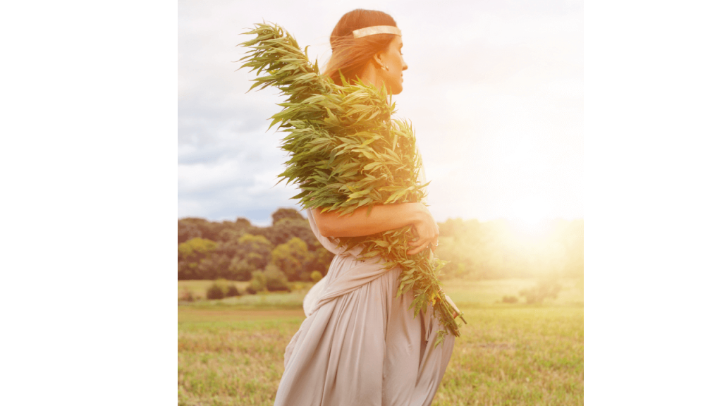 Cannabis Goddess Holding Bundle Of Cannabis Plants